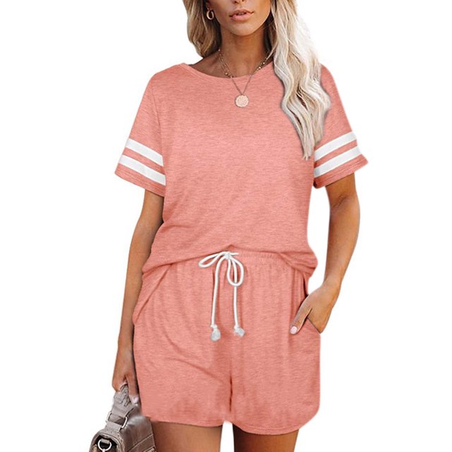 Ensemble de Pyjama à Rayures pour Femmes, Manches Courtes, Chemise de Nuit avec Shorts
