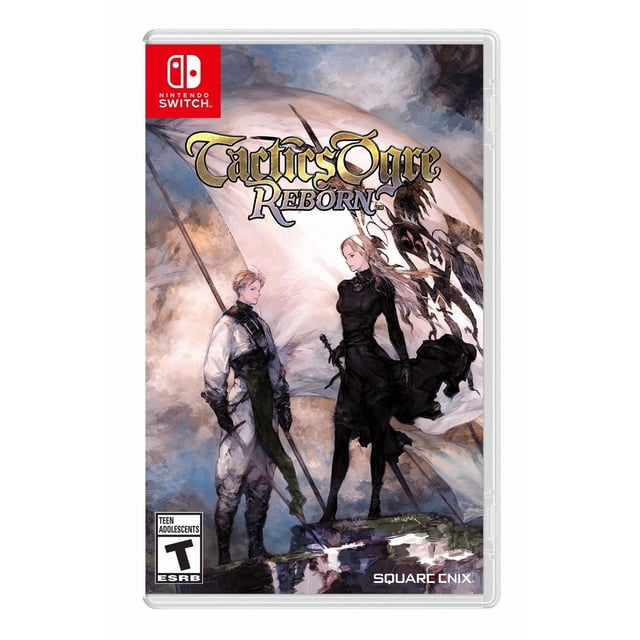 Tactics Ogre : Reborn (Nintendo Switch) Couverture avant Centrée, Scène Médiévale Fantastique Illustrée avec une silhouette Couronnée sur une Colline Surplombant des Îles Côtières Stylisées, des portraits de Personnages à Étages, un logo de Titre de Jeu Orné et un Arrière-Plan à Texture Sombre Transmettant un Ton de Stratégie Tactique de Jeu de Rôle au Tour par Tour.