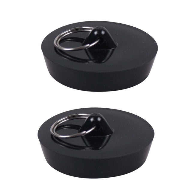 2Pcs Drain Stopper, Bathtub Drain Stopper Sink Bathtub Plug, featuring a black circular design with a metal loop for easy handling. Made of durable material, these stoppers have an upper diameter of 4.56cm (1.80 inches), a lower diameter of 4.2cm (1.65 inches), and a thickness of 1cm (0.39 inches). Suitable for use in kitchens, bathrooms, laundry rooms, and hotels, they provide effective sealing to prevent water leakage. Package includes two stoppers.