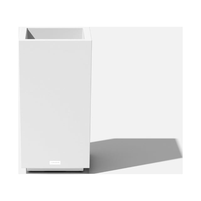 Veradek Block Series Pedestal Short Plastic Planter in white, featuring a modern modular design with a tall, sleek profile. Made from durable, fade-resistant polypropylene with double-walled construction and pre-drilled drainage holes. Includes a removable insert bucket for easy planting. Suitable for outdoor use on patios, decks, or as a front entrance centerpiece. Weather-resistant and tested for extreme temperatures from -20 to +120 degrees.