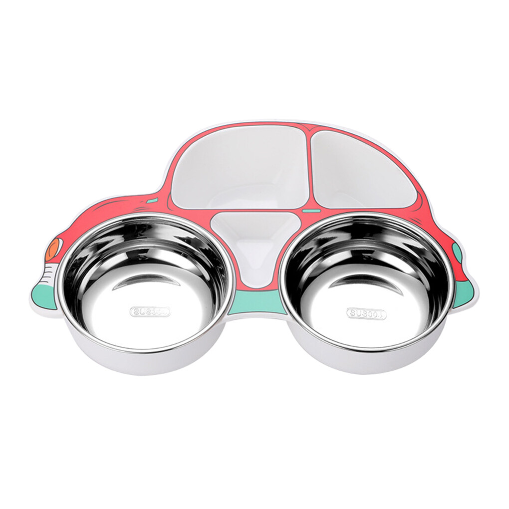 VONKY Stainless Steel Kids Tableware Set Spoon Fork Cartoon Car Shape Compartment Design Baby Bowl Cutlery for Kitchen Red Car/Bowl/removable