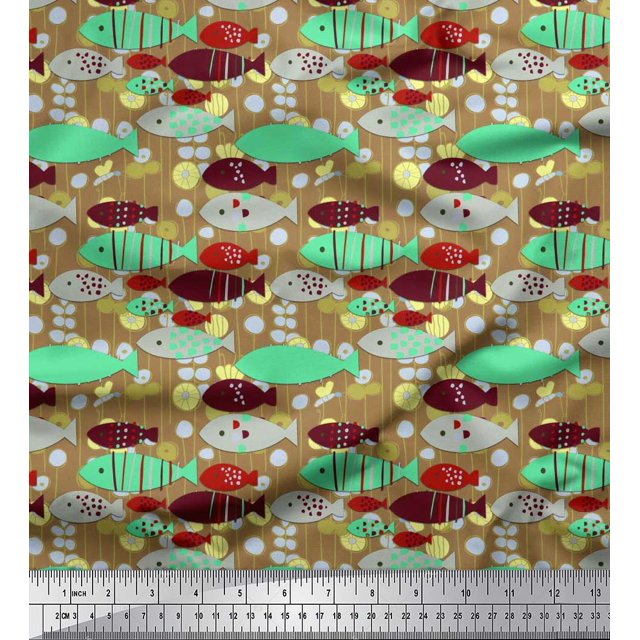 Soimoi Modal Satin Fabric Fish Cartoon Print Sewing Fabric Yard 42 Inch Wide