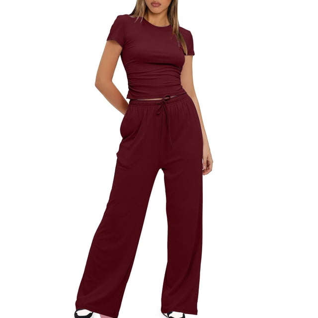 Birdeem Blouses pour Femmes 2 Pcs Mode Femme Col Rond Uni Manches Courtes Blouse + Pantalons Longs Taille Élastique Ensembles
