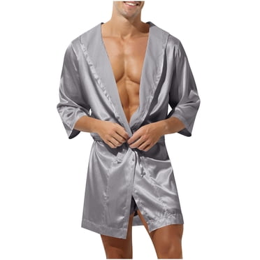 ShomPort Knee Length Robes for Mens 3/4 Sleeve Open Tie Front Lightweight Soft Bathrobes Solid Color Smoothing Comfy Loungewear