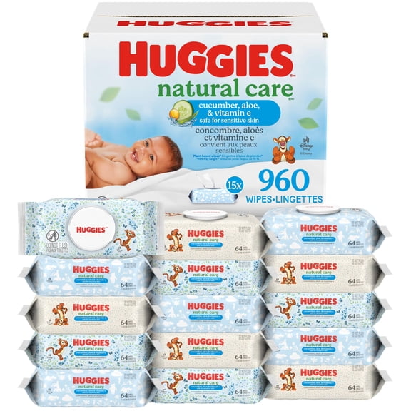 Huggies Natural Care Cucumber, Aloe and Vitamin E Baby Wipes, Scented, 15 Flip-Top Packs (960 Wipes Total)