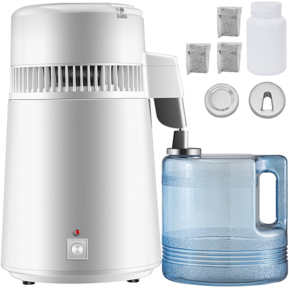 VEVOR Stainless Steel Water Distiller 750W Water Distillation Kit 1.1 Gallon/4 L Water Distiller Home Countertop Connection Bottle Food-Grade Outlet Glass Container (White)