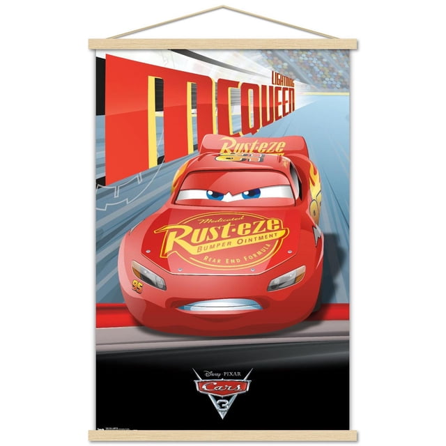 Disney Pixar Cars 3 - Lightning Wall Poster, 22.375" x 34" Framed showing a front-facing view of Lightning McQueen with a red body and yellow Rust-eze logo on the hood, number 95 on the side, racing on a track with a blurred stadium background and large red 'McQueen' text, ideal wall art for kids' rooms or home decor.