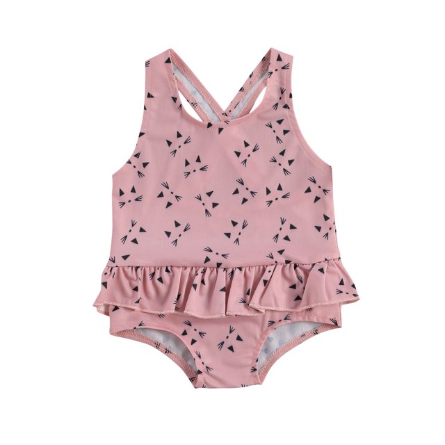 ITFABS Summer Baby Girl Nylon Printed U-shaped Neck Cross Strap Ruffle Swimwear