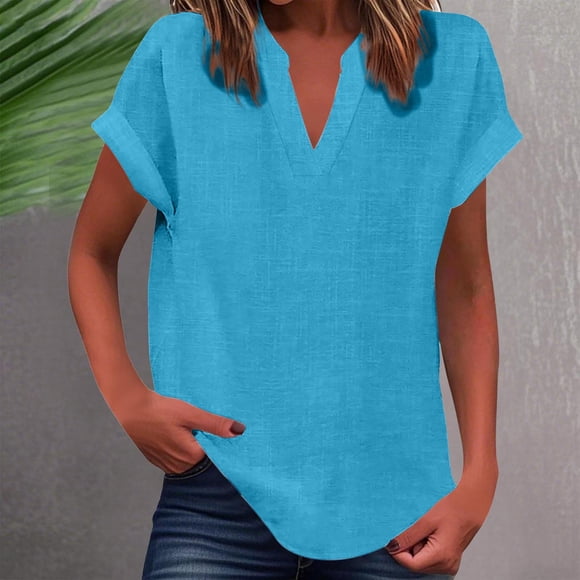 Soki Womens Summer Tops Short Sleeve V Neck Cotton Linen Shirts Loose Casual T-Shirts