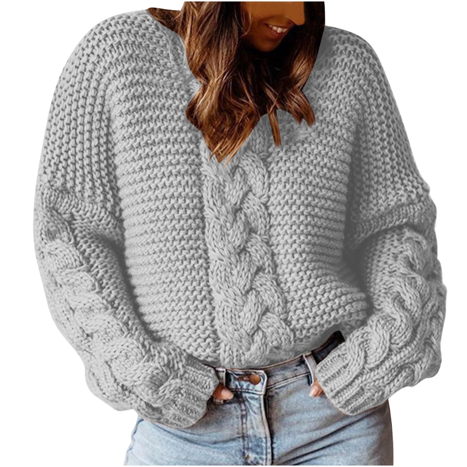 Timegard Chandails en Tricot Grande Taille pour Femmes Col Ras du Cou Manches Longues Chandails à Enfiler Automne Hiver Couleur Unie