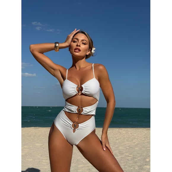 SKQIT Women Metal O-Ring Hardware Cutout One Piece Swimsuit, Adjustable Spaghetti Strap Hollow Out High Cut Sexy Monokini Bathing Suit