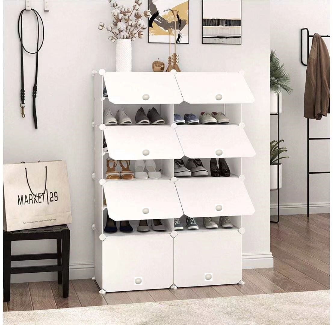 AGASY Shoe Rack, 16 Tiers Shoe Storage Cabinet 32 Pair Plastic Shoe Shelves Organizer for Closet Hallway Bedroom Entryway (8 Cubes, White Opaque)