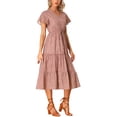 thumbnail image 4 of INSPIRE CHIC Robe Bohème d'Été pour Femme Décontractée à Manches Courtes, Col en V, à Volants, Midi à Fleurs, Rouge, TP, 4 of 5