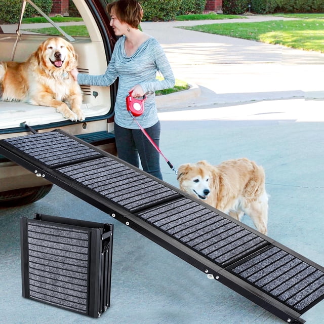 Furggis 67-inch foldable dog ramp designed for medium and large dogs up to 220 lbs, shown extended from the back of an SUV. The ramp features a non-slip rug surface for secure footing and a durable aluminum frame. A folded view of the ramp is displayed in the corner, highlighting its compact, portable design. Suitable for cars, SUVs, trucks, and high surfaces.