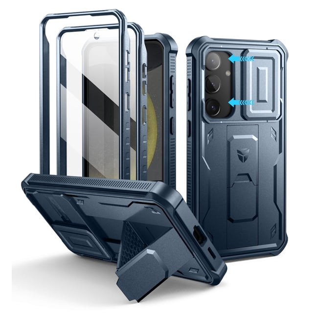 Dexnor for Samsung Galaxy S24 Plus case in blue, designed with a rugged full-body bumper, built-in slide camera cover, PET screen protector, and kickstand. This shockproof and dust-proof case offers military-grade drop protection, precise cutouts for ports and buttons, and supports wireless charging and PowerShare. Features raised edges for screen safety and a versatile kickstand that doubles as a ring holder for secure grip during outdoor activities.