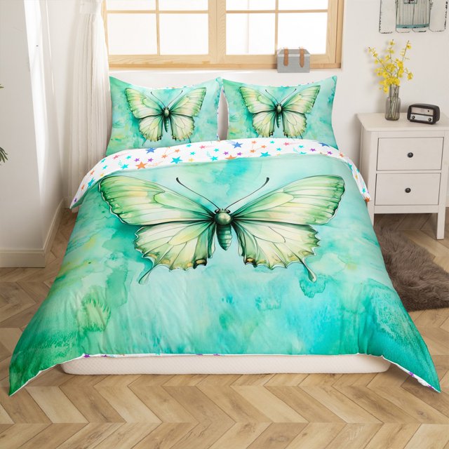 Erosebridal Housse de Couette Papillon Aquarelle Vert Grand Lit, Literie d'Animaux Mignonne Format Grand Lit, Réversible 3 Pcs (Sans Couette)