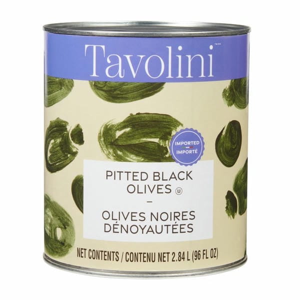Tavolini Sliced Ripe Black Olives in a 2.84L (100 oz) can, featuring a beige label with green olive illustrations and a purple Tavolini logo. The can is labeled as pitted black olives, suitable for cooking and garnishing in bulk foodservice settings.