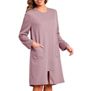 Women Loungewear House Coat Long Sleeve Zipper Robes Soft Short Bathrobes with Pockets XXL