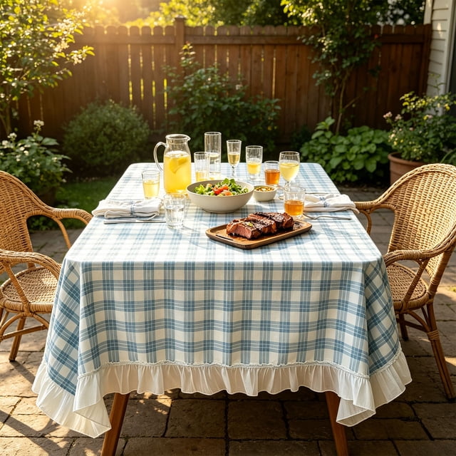 Dvkptbk White Plaid Tablecloth Sheer Ruffle Waterproof Dining Table Cover