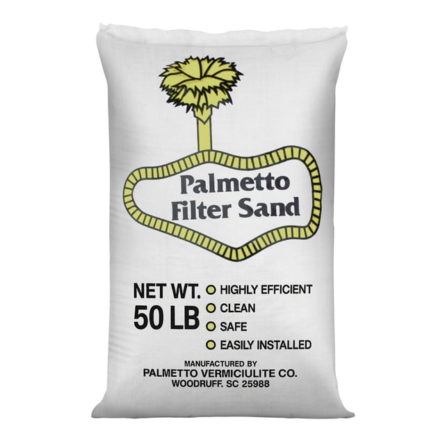 Palmetto Sac de 50 Lb de Sable Filtre Naturel pour Piscine pour Usage Résidentiel et Commercial. le Sac Blanc Affiche le logo de Sable Filtre Palmetto avec un Motif de Palmier et un Texte Soulignant Son Efficacité, Sa Propreté, Sa Sécurité et Sa Facilité d'Installation. Ce Sac de 50 Livres Contient du Sable Tamisé Rigoureusement Lavé et Tamisé 20-40, Idéal pour Capter de Petites Particules comme les Feuilles, la Saleté et l'Huile Écran Solaire. Convient aux Piscines hors Terre et Creusées, Ainsi Qu'aux Moulures et aux Projets de Construction