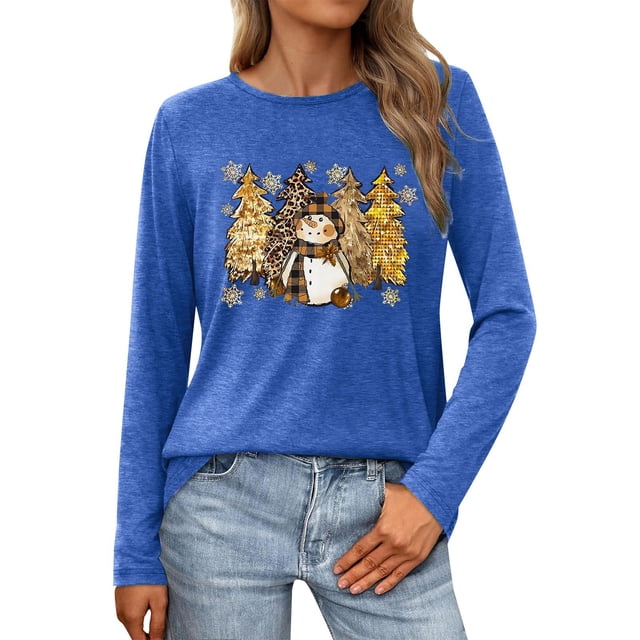 Chemises à Manches Longues pour Femmes Coton Graphique Hauts à Manches Longues pour Femmes Chic Décontracté Printemps 2026 T-Shirt de Noël pour Femme T-Shirt à Imprimé Lettres de Noël T-Shirt Graphique Arbre de Noël Col Rond Haut à Manches Longues P