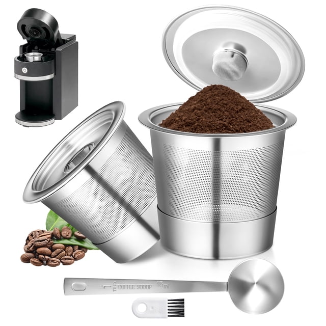 2 Pack Reusable K Cups Fit for Keurig 1.0 - Stainless Steel Coffee Pod Filter, Refillable K cup Compatible with Keurig 1.0 Coffee Maker with 15mL Spoon, Cleaning Brush & 4 Rubber Ring
