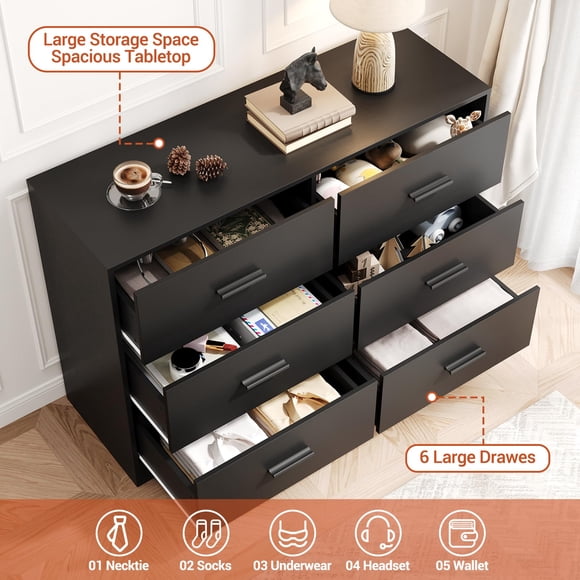 BeesClover 6 Drawer Double Dresser, 47" Wide Dresser TV Stand, Modern Chest of Drawers for Bedroom, Large Storage Space Organizer Cabinet with Metal Handle for Living Room Hallway
