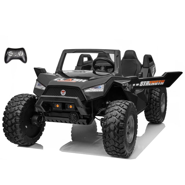 VOLTZ TOYS Camion UTV TG 24V à 2 Places Ride en Noir, un Ride-on Motorisé avec un design Réaliste de buggy des Dunes Tout-Terrain et un Espace Extra-Grand. Caractéristiques Incluant Télécommande pour Contrôle parental, suspension à Ressort, Éclairage LED, Lecteur MP3, Siège en Cuir Rembourré avec Ceinture de Sécurité, et Pneus EVA Durables pour une Conduite Fluide. Idéal pour les Enfants de 3 à 8 Ans.