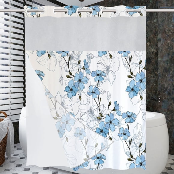 Dznils White No Hook Fabric Shower Curtain with Snap-in Liner, 72" x 74", Blue Floral Patterned