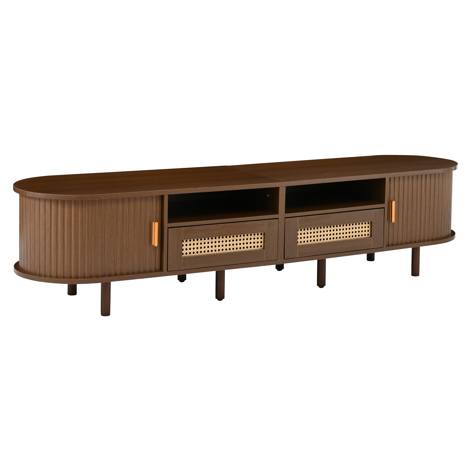 Meuble TV maison Noble 64.9" avec 2 tiroirs en rotin et 2 portes coulissantes, buffet ovale arrondi pour TV 65", noyer