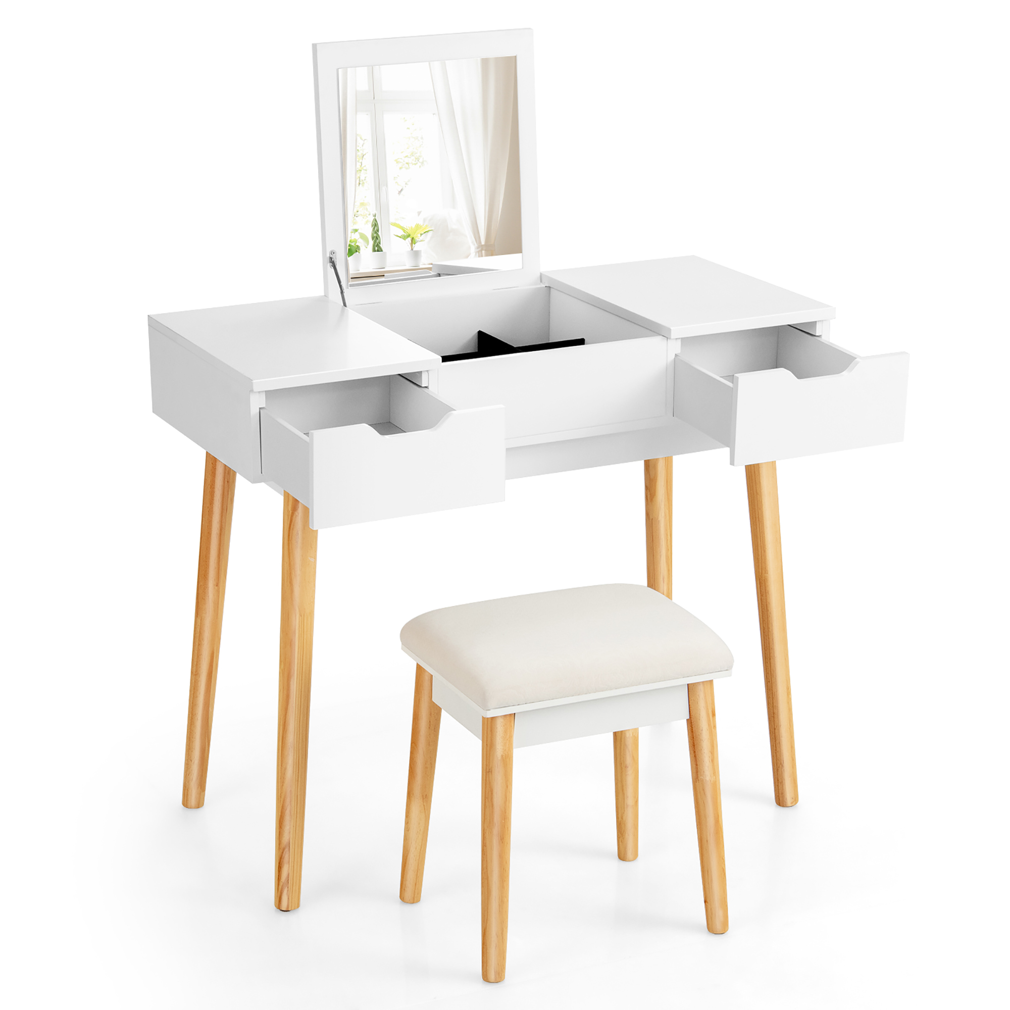 Costway Ensemble de Coiffeuse avec Miroir Rabattable Tiroirs 9 Séparateurs Bureau de Maquillage et d'Écriture Blanc