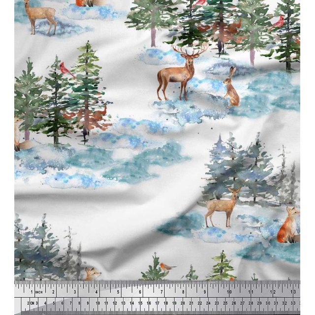 Soimoi White Georgette Viscose Fabric Animals & Pine Tree Print Fabric by the Yard 42 Inch Wide