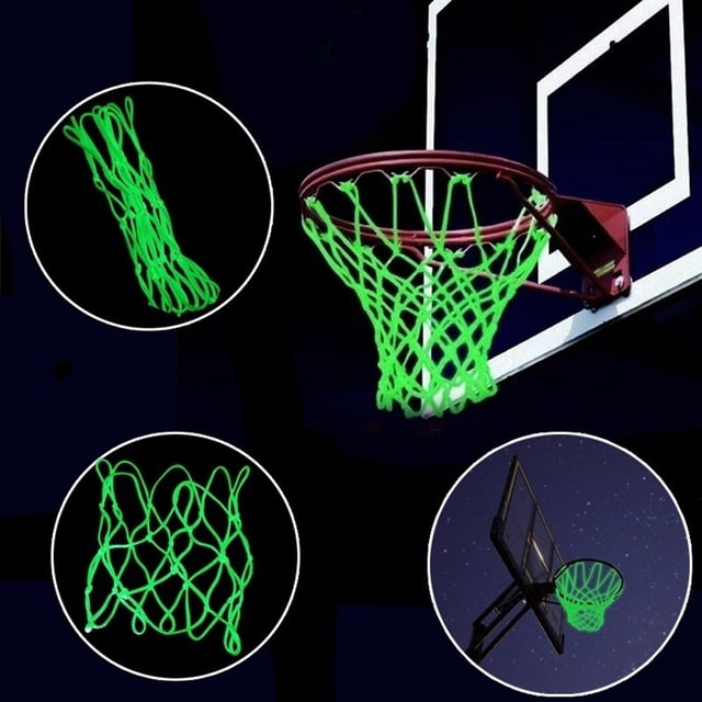 Fridja Visible At Night Luminous Basketball Net made of durable nylon material, glowing fluorescent green for enhanced visibility during nighttime play. Designed to fit standard basketball rims and backboards, this heavy-duty net is weatherproof and suitable for indoor and outdoor use. The image shows the net glowing brightly in a dark setting, attached to a basketball hoop.