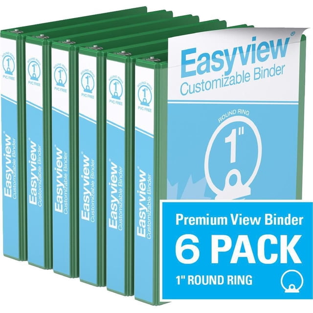 Davis Group Easyview Premium Round Ring Customizable View Binder 6 Pack 1 inch with six green binders featuring clear overlay on front, spine, and back covers, 1 inch round rings, PVC-free polypropylene material, and clear interior pockets for secure document storage, suitable for presentations and reports.