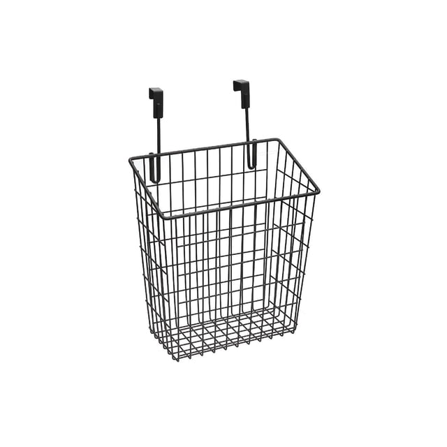 Over The Cupboard Wired Basket Organizer (Black) with a rectangular black metal wire frame and two hooks for hanging over cupboard doors, ideal for kitchen storage and organization, also suitable for holding mail or small household items.