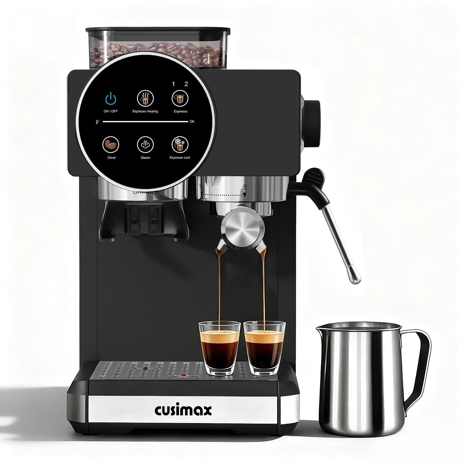 CUSIMAX 20‑Bar Espresso Machine with Built‑In Grinder & Milk Frother — Professional‑Grade Cappuccino & Latte Maker with Large Removable Water Tank for Home Baristas