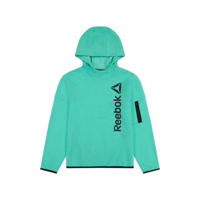 Reebok Garçons Legend Tech Chandail à Capuchon en Tissu Éponge Couleur Sarcelle avec Vue Frontale, Comprenant une Capuche, Manches Longues, logo Reebok Noir vertical et Graphique Delta sur la Poitrine Droite, Poche Zippée Collée sur la Manche Gauche, et Bordure Noire aux Poignets et à l'Ourlet. Fabriqué à Partir d'Un Mélange Respirant Coton-Polyester, Convient aux Garçons Actifs pour les Journées Fraîches.