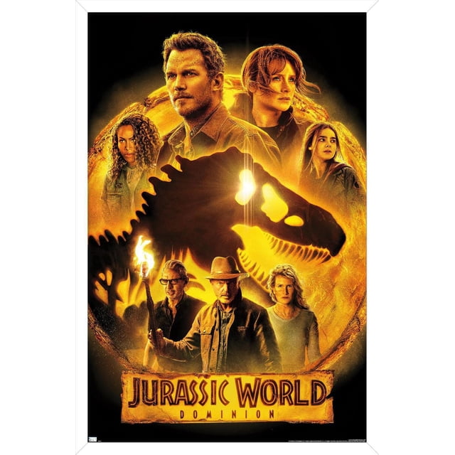 Monde Jurassique : Dominion - Affiche Murale de Groupe un, 14,725 Po x 22,375 Po Encadrée, Présentant un design orange et Noir Frappant avec une Grande silhouette de Squelette T-Rex Entourée de Sept Personnages, l'Un Tenant une Torche, sur un Fond Sombre avec le Titre du Film au Bas, Convient à la Décoration Murale de Chambre Ou de Bureau.