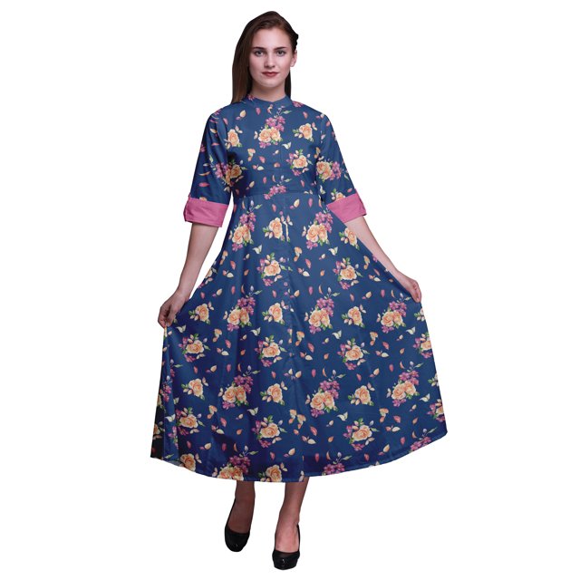 Bimba Robe à Boutons Florale Col Mandarin Manches Retroussables Robe Chemise-Moyenne