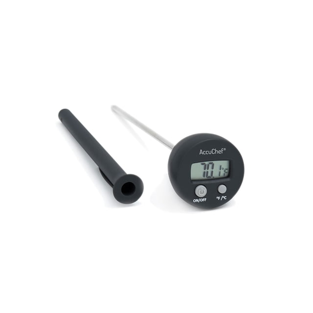 AccuChef Digital Thermometer with black ergonomic tulip-shaped body and stainless-steel probe, featuring a polycarbonate LCD screen displaying 70.1°F, with on/off and °F/°C buttons, plus a black probe cover with clip for safe storage, ideal for precise internal food temperature measurement.