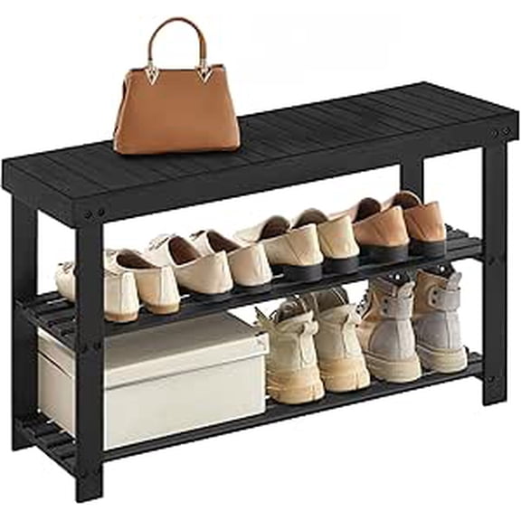 3-Tier Shoe Rack Bench, Hallway Bamboo Organizer, Home Storage Shelf with Holds 286 lb, Black