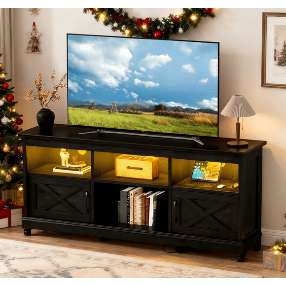 DEXTRUS Meuble Télé Style Ferme pour Télé jusqu'à 65 Pouces Noir