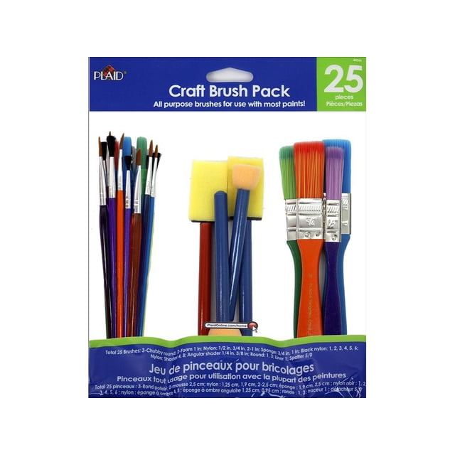 Plaid Craft Paint Brush Set, Set of 25 with a variety of foam, nylon, sponge, and black nylon brushes in multiple sizes and shapes including chubby round, angular shader, liner, and spotter, featuring colorful plastic and wooden handles, suitable for acrylic paint and general art supplies.