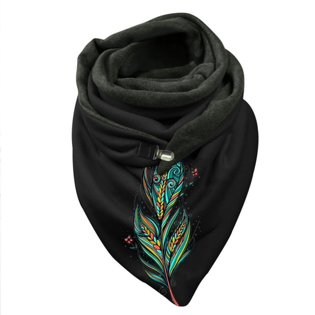 Women Feather Print Cotton Winter Warm Button Up Scarf