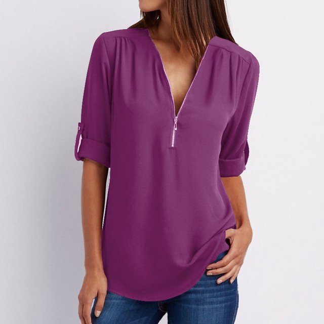 Hauts d'Été pour Femmes Chemises à Manches Longues d'Été pour Femmes Tunique Décontractée à Fermeture Éclair Blouse à Col en V Roulable Hauts Longs Blouses pour Femmes en Liquidation