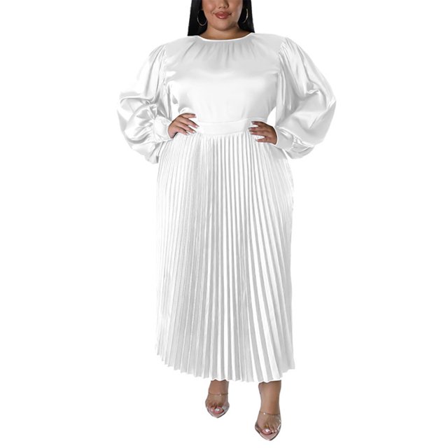 LUXUR Femmes Maxi Robe de Cou Robes de Couleur Unie Décontracté en Vrac Manches Longues Blanc 3XL