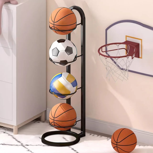 Basketball Stand Storage Rack | 4-Tier Heavy-Duty Ball Organizer | Multi-Purpose Ball Frame for Basketballs, Soccer Balls, Sports Equipment | Portable, Sturdy, Enhanced Weight Capacity