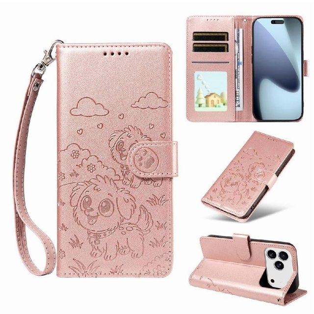 Compatible with iPhone 17 Pro Case Wrist Strap Leather Dog Embossed Pocket Card Slot Holders