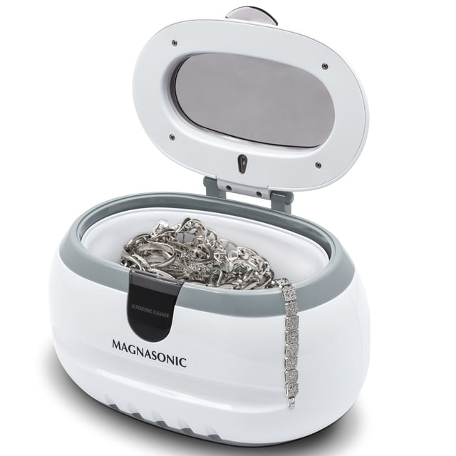 Magnasonic Professional Ultrasonic Jewelry Cleaner Machine (CD2800) with a 20 oz stainless steel tank, designed for cleaning jewelry, eyeglasses, watches, rings, necklaces, coins, and more. Features ultrasonic energy waves, a transparent lid, and compact design for efficient cleaning.