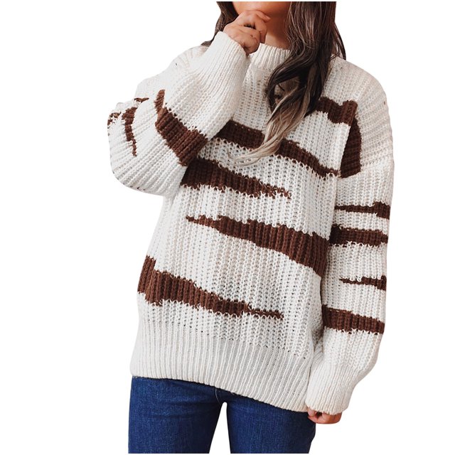 IROINID Women's Round Neckline Pullover Sweater Stripes Loose Mid-Length Long Sleeve Irregular Sweater Top